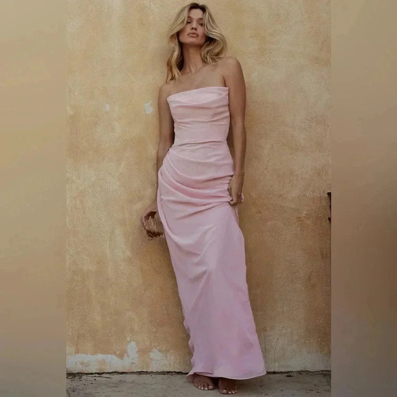 House of CB Adrienne Pink Quartz Georgette Strapless Gown Maxi - Picture 6 of 7